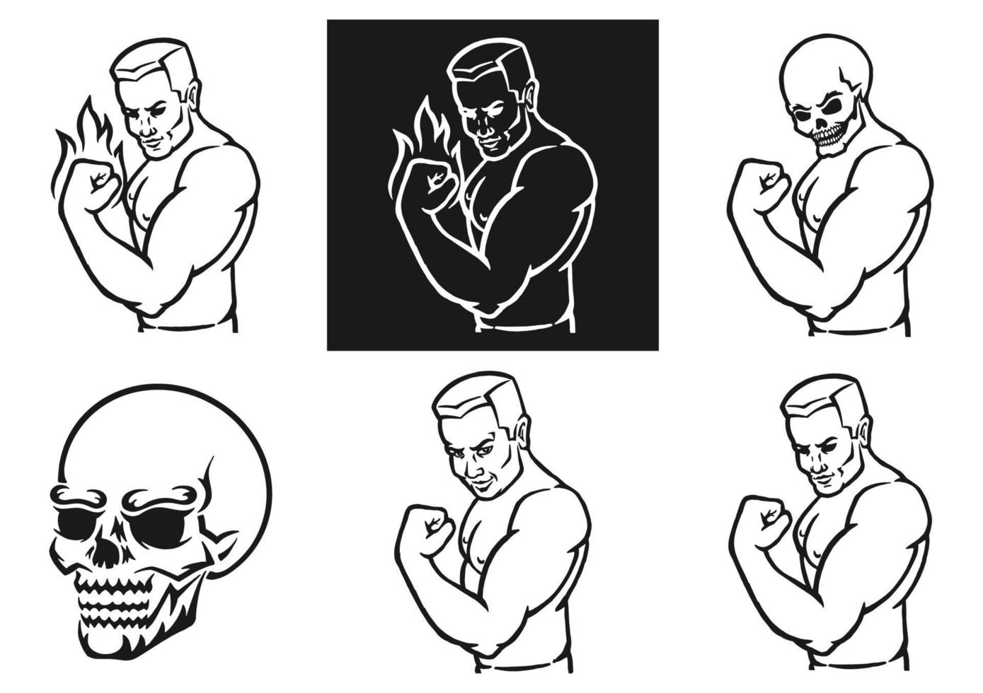 Male bodybuilder flexing his biceps. Outline silhouette. Design element. Vector illustration isolated on white background. Template for books, stickers, posters, cards, clothes.