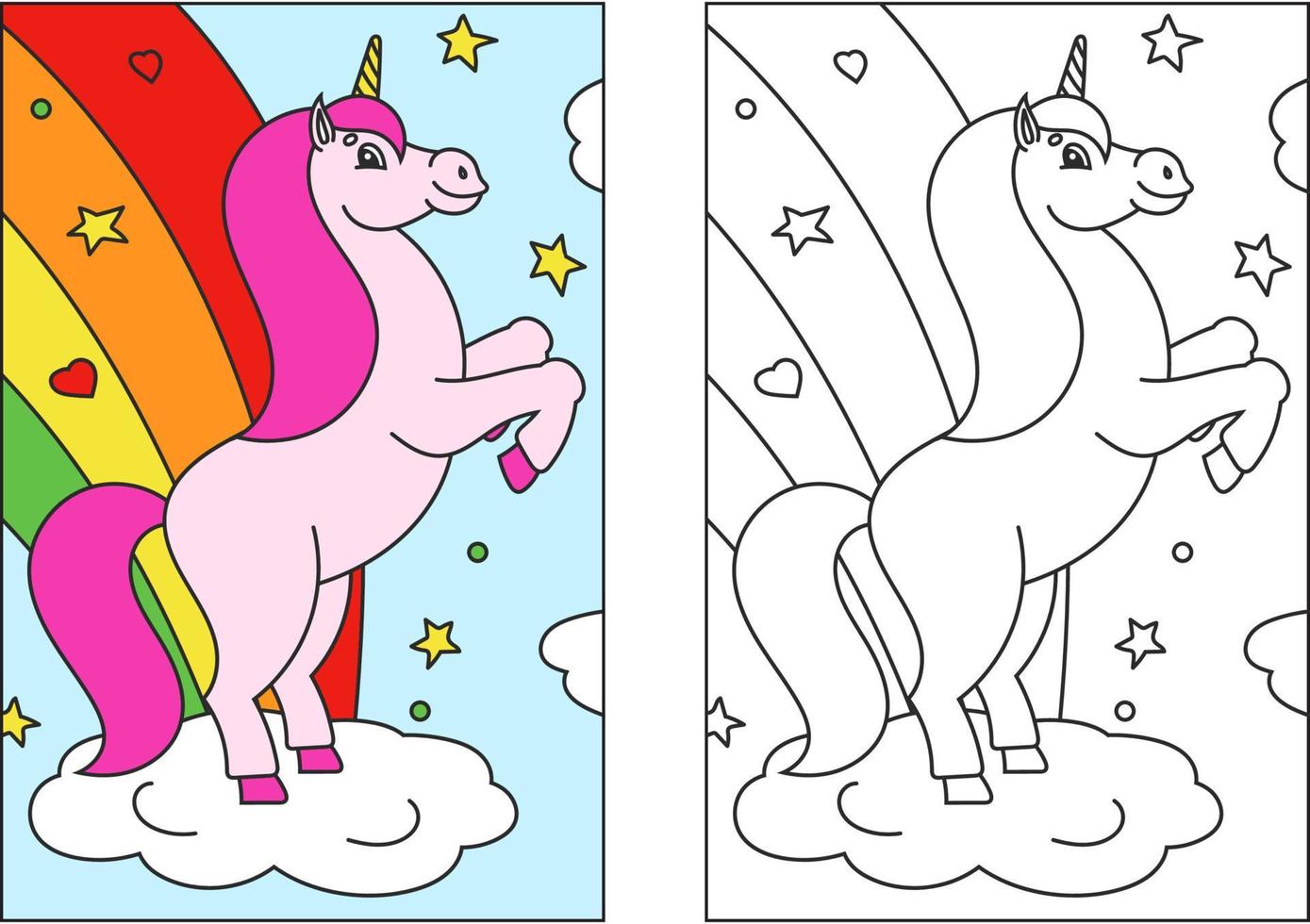 Coloring book for kids. The magical unicorn reared up. The animal horse stands on its hind legs. Cartoon style. Simple flat vector illustration.