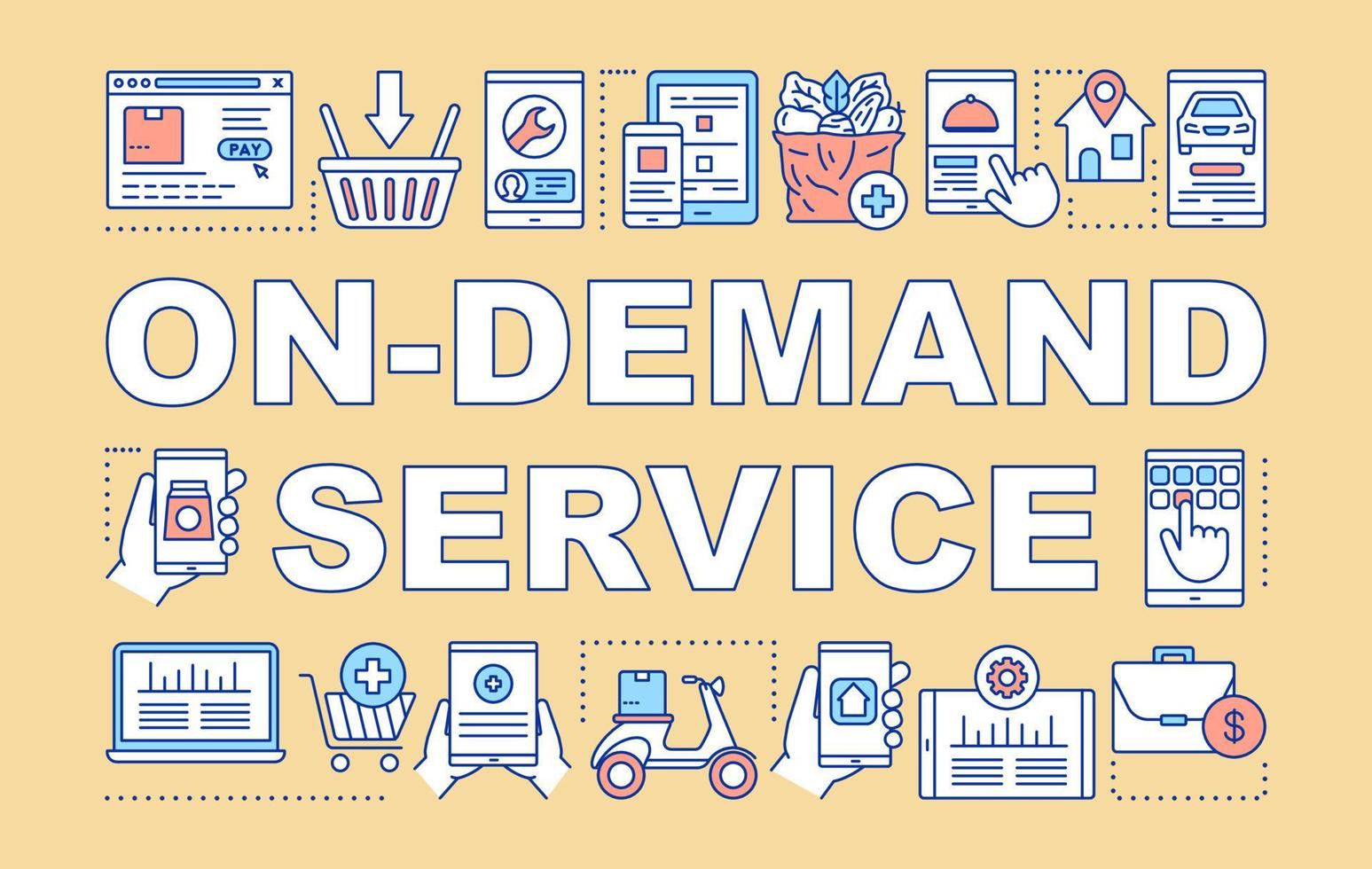 On demand service word concepts banner. Modern economy, e commerce presentation, website. Isolated lettering typography idea with linear icons. Vector outline illustration. Online business