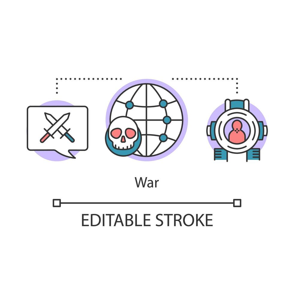 icono del concepto de guerra. guerra y violencia armada. Ilustración de línea fina de conflicto militar. invasión y ofensiva con arma. terrorismo, ataque terrorista mundial. dibujo aislado del vector. trazo editable vector