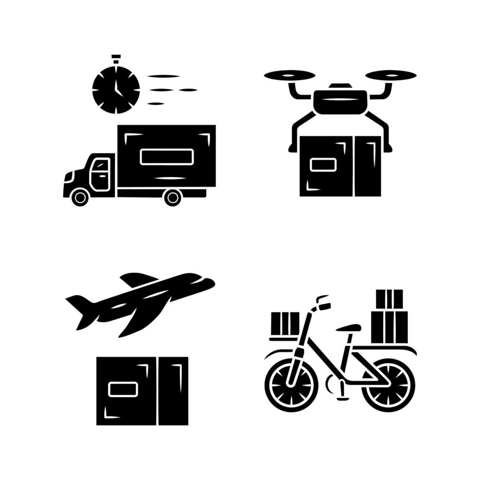 conjunto de iconos de glifo de entrega. servicio de envio. dron, avión, entrega de bicicletas. logística y distribución. servicio Postal. envío de carga internacional. símbolos de silueta. vector ilustración aislada