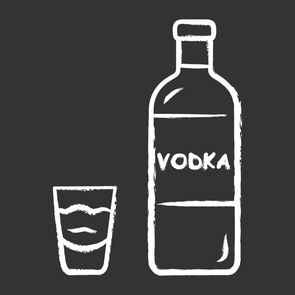 icono de tiza de vodka. botella y vaso de chupito con bebida. Bebida alcohólica destilada clara consumida para beber y en cócteles. ilustración de pizarra de vector aislado