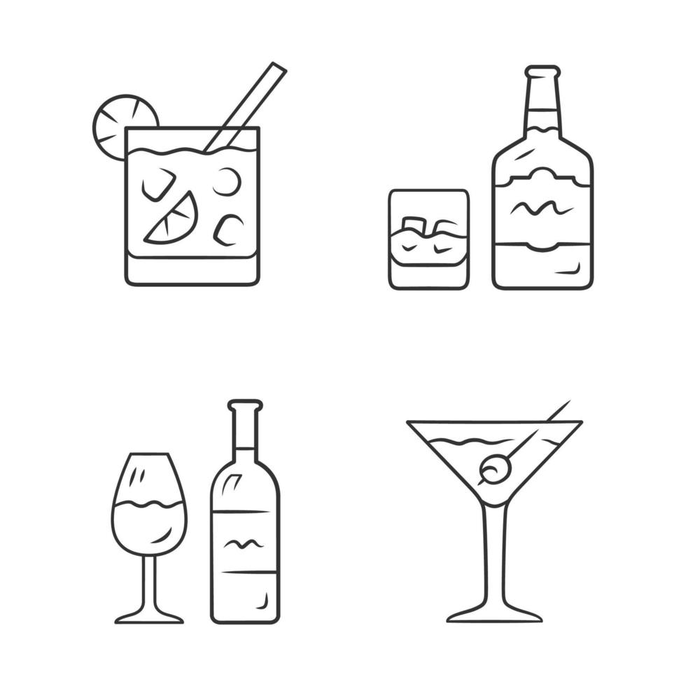 bebidas iconos lineales establecidos. cóctel en copa lowball, whisky, vino, martini. bebidas alcohólicas. bebidas y mezclas. símbolos de contorno de línea fina. ilustraciones de contorno de vector aislado. trazo editable