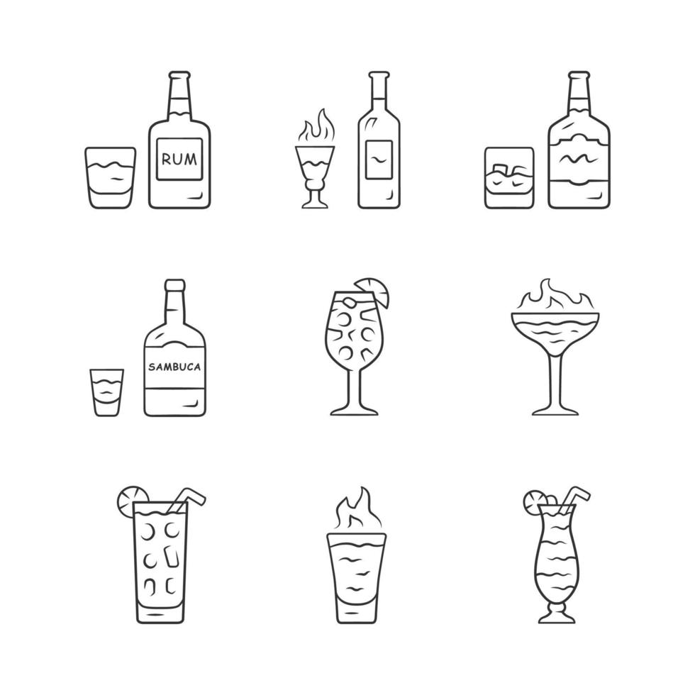 bebidas iconos lineales establecidos. ron, absenta, whisky, sambuca, sangría, huracán, coctel flameante y chupito. símbolos de contorno de línea fina. ilustraciones de contorno de vector aislado. trazo editable