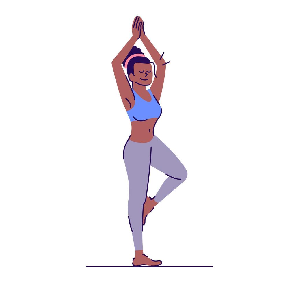 chica haciendo yoga ilustración vectorial plana. vrikshasana. entrenamiento físico. Joven afroamericana de pie en la pose de árbol personaje de dibujos animados aislado con elementos de contorno sobre fondo blanco. vector