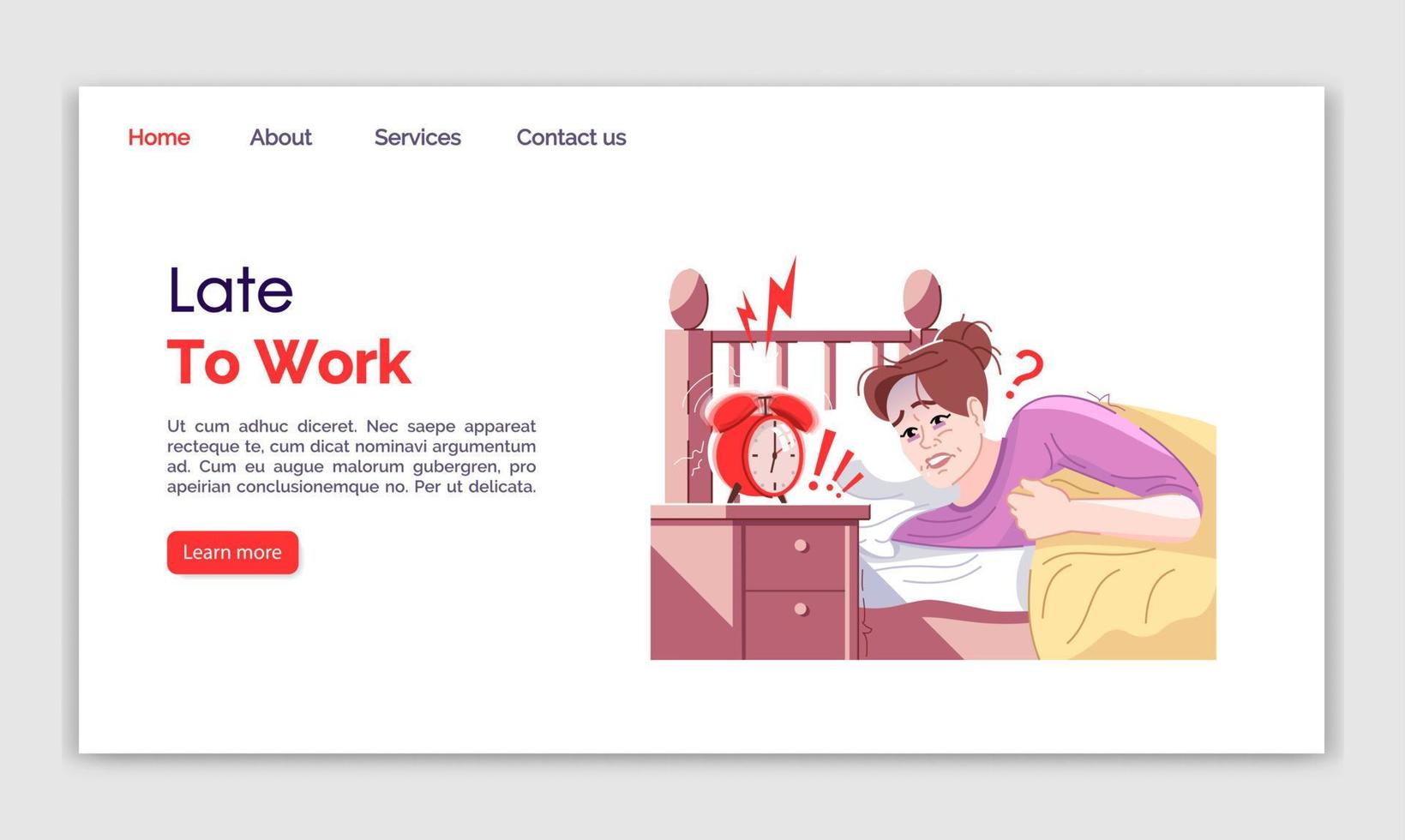 Late to work landing page vector template. Everyday stress website interface idea with flat illustrations. Sleepy female. Wake up call homepage layout. Frustration web banner, webpage cartoon concept