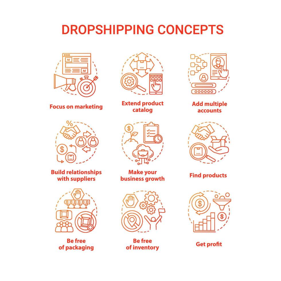 concepto de dropshipping conjunto de iconos rojos. ilustraciones de línea fina de idea de servicio de entrega en línea. centrarse en el marketing, ampliar el catálogo de productos, obtener beneficios. dibujos de contorno aislados vectoriales. trazo editable vector