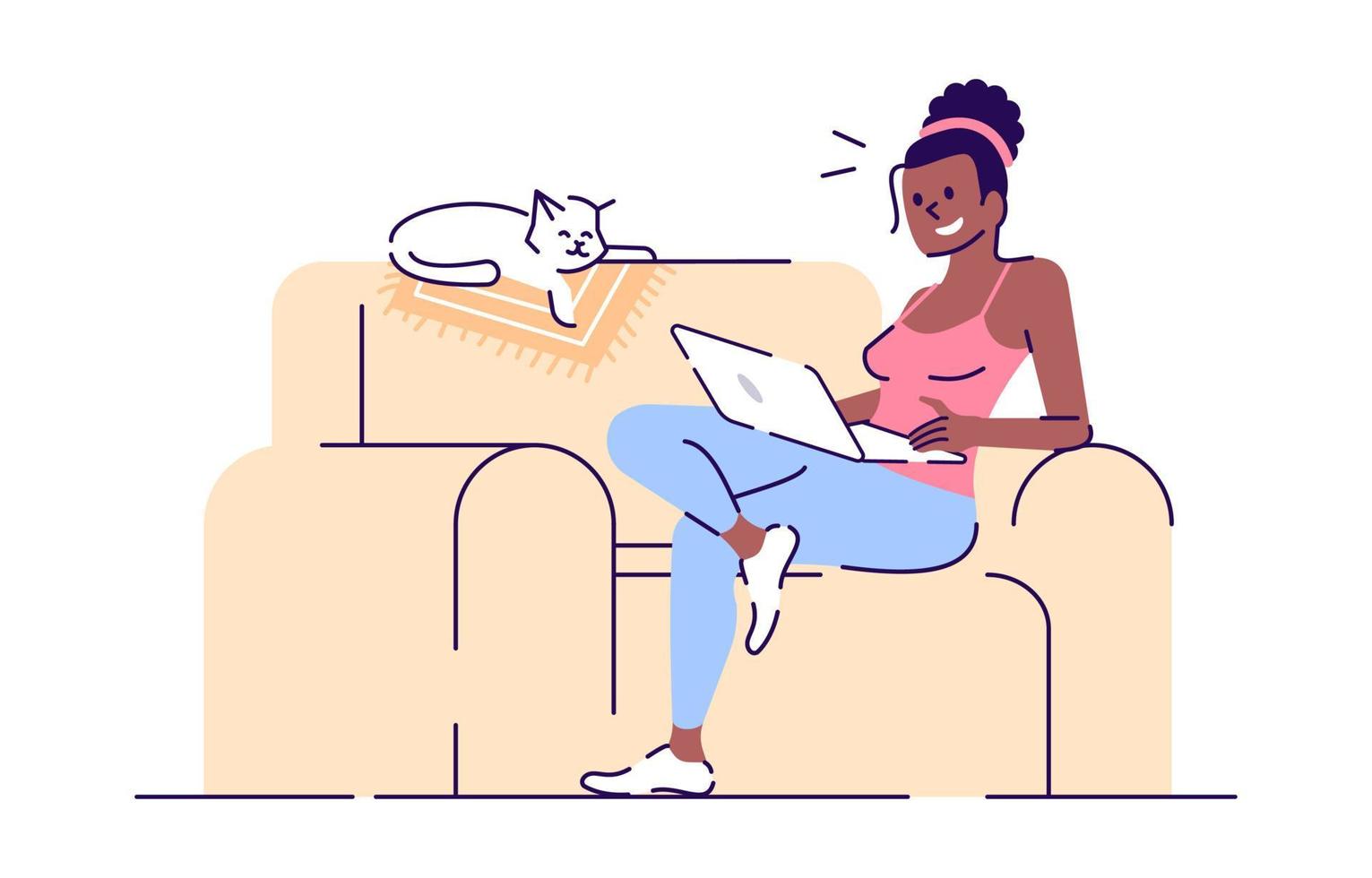 Smiling girl on sofa with laptop flat vector illustration. Freelancer at work. Lady and sleeping cat on couch isolated cartoon characters with outline elements on white background
