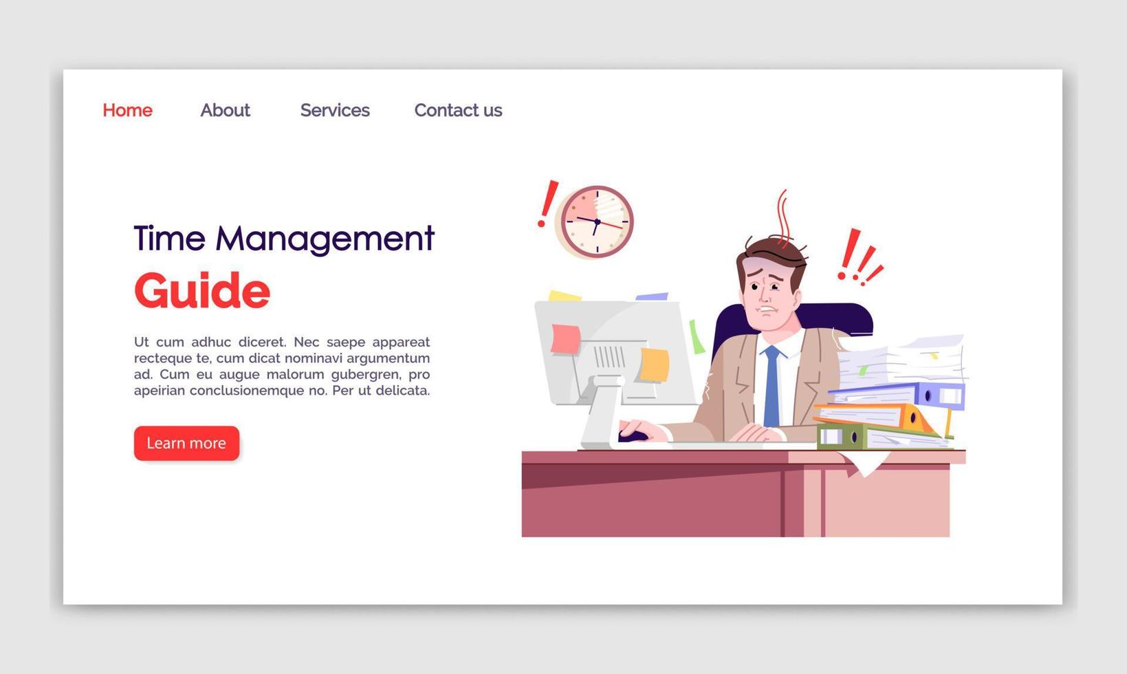 Time management guide landing page vector template. Everyday stress website interface, flat illustrations. Workplace homepage layout. Overworked employee. Deadline web banner, webpage cartoon concept