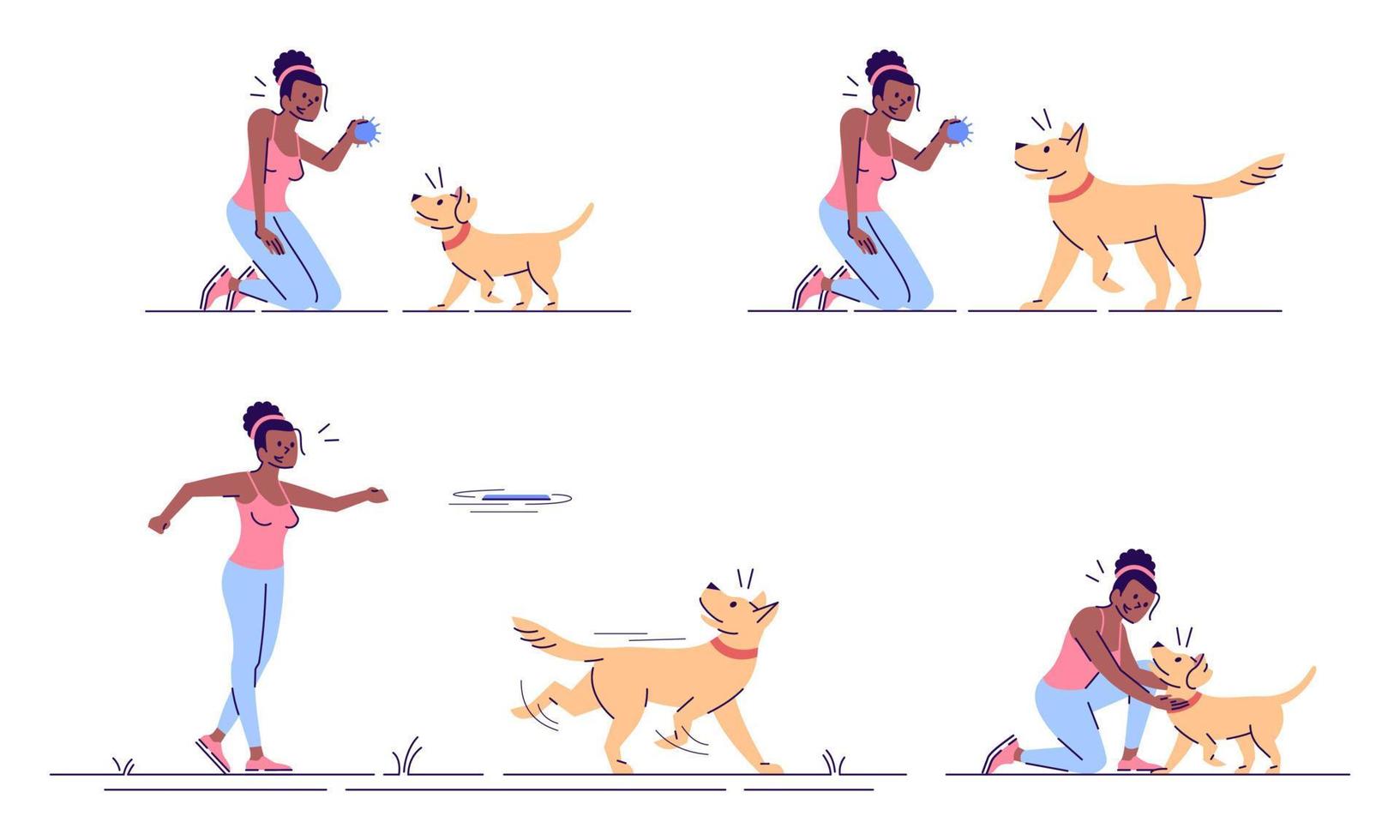 Woman playing with dog flat vector illustrations set. Active leisure. Happy african american girl and faithful playful puppy isolated cartoon characters with outline elements on white background