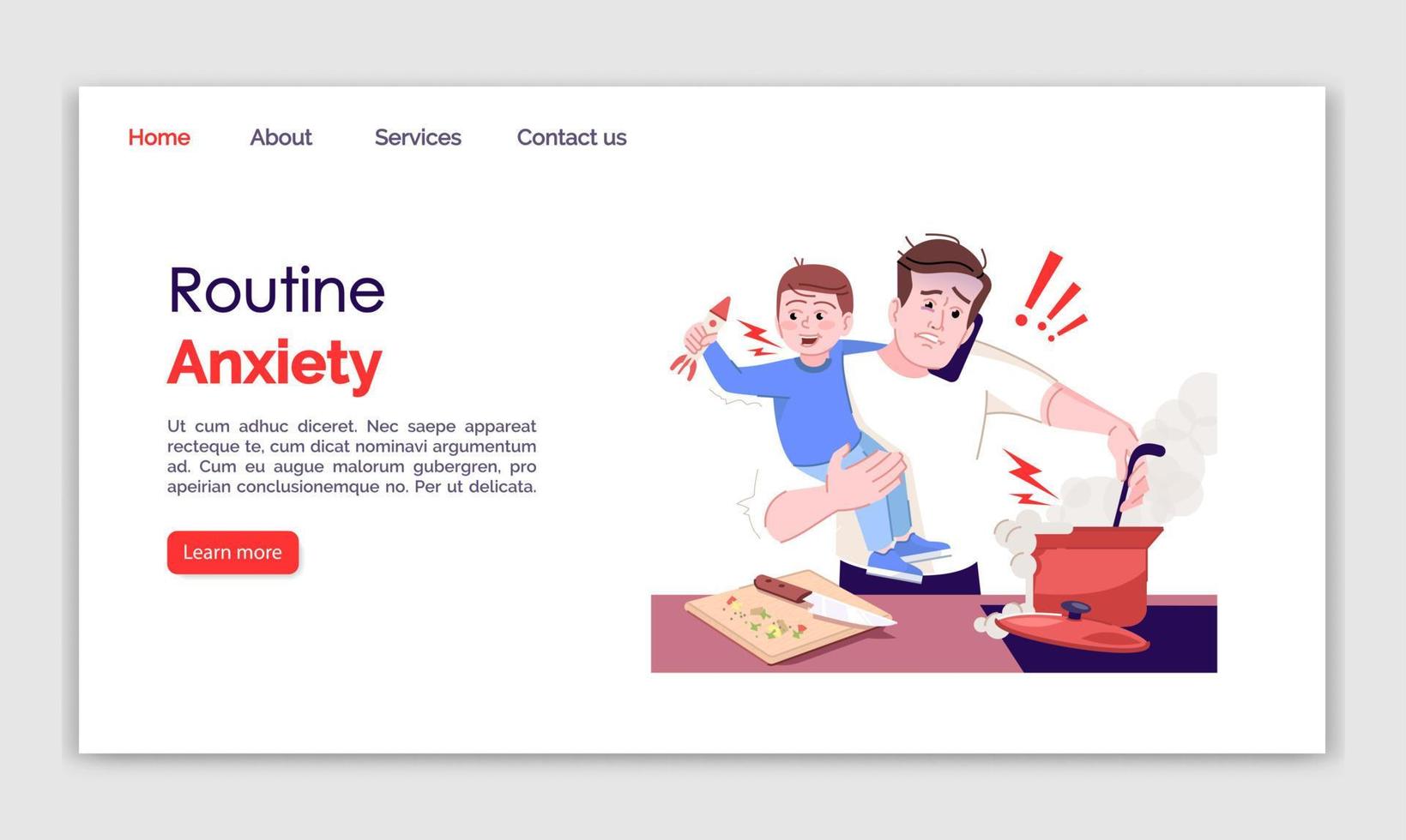 Routine anxiety landing page vector template. Everyday stress website interface idea, flat illustrations. Single parent homepage layout. Household work. Parenting web banner, webpage cartoon concept