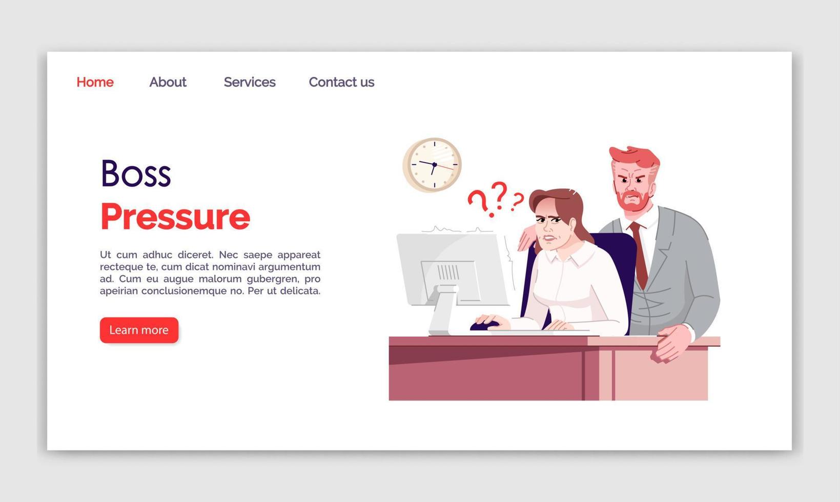 Boss pressure landing page vector template. Everyday stress website interface idea, flat illustrations. Workplace homepage layout. Demanding boss. Nervous worker web banner, webpage cartoon concept