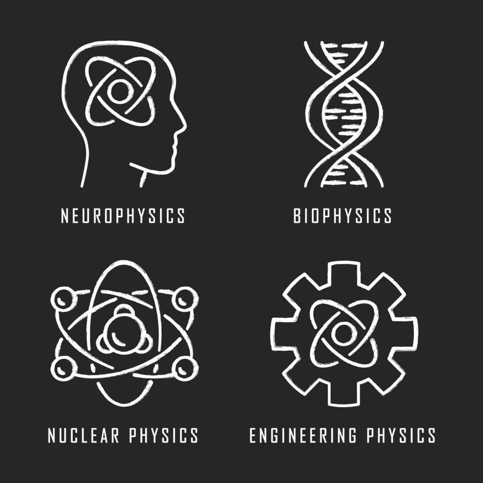 conjunto de iconos de tiza de ramas de física. neurofísica, biofísica, ingeniería y física nuclear. cerebro humano, estructura de la molécula. Aprendizaje de procesos físicos. ilustraciones de pizarra vector aislado