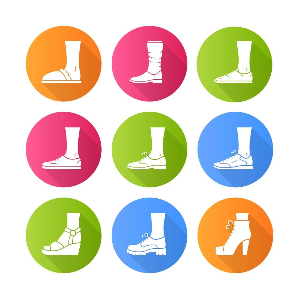 Women and men shoes flat design long shadow glyph icons set. Female summer and autumn elegant footwear. Wedges, loafers and trainers. Winter and fall unisex boots. Vector silhouette illustrations