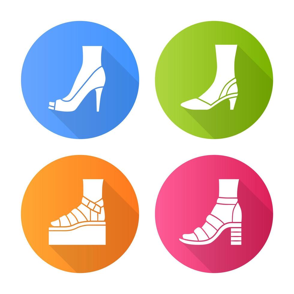 Women summer shoes flat design long shadow glyph icons set. Female elegant formal and casual footwear. Stylish platform and block heel sandals. Fashionable stilettos. Vector silhouette illustration