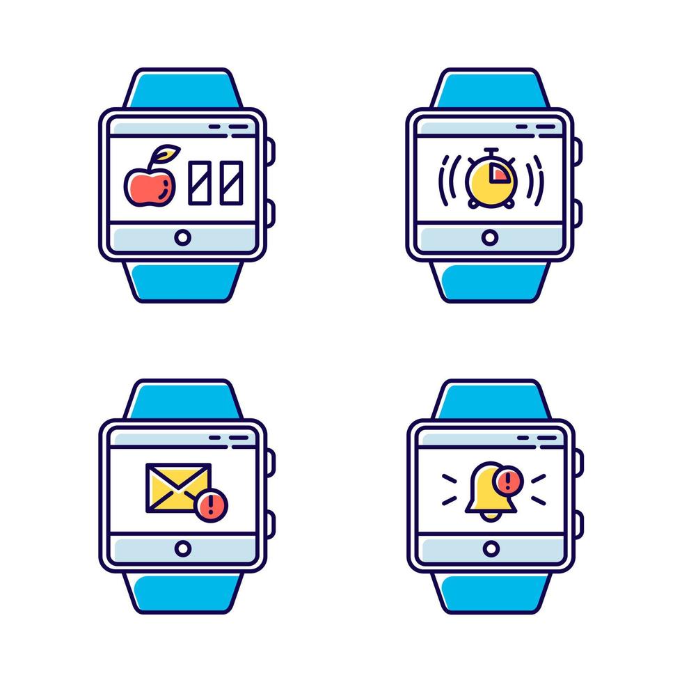 Fitness tracker functions color icons set. Wristband smartwatch capabilities and wellness services. Calories counter, stopwatch, notifications, mail, messages. Isolated vector illustrations