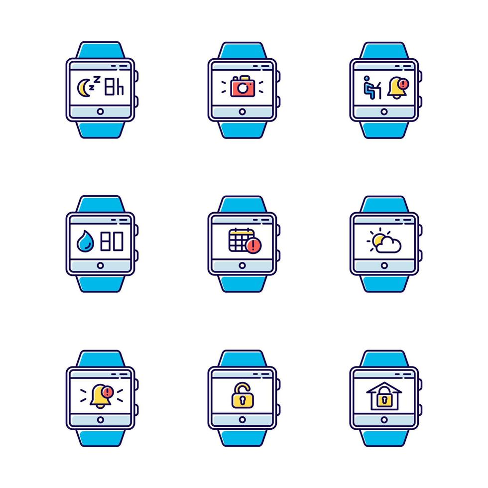 Fitness tracker functions color icons set. Wristband smartwatch capabilities and wellness services. Scheduling events, sleep timer, weather forecast, notifications. Isolated vector illustrations