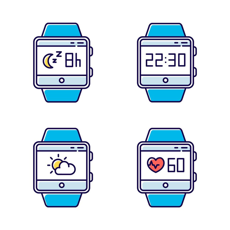 Fitness tracker functions color icons set. Wristband smartwatch capabilities and wellness services. Tracking heart rate, sleep monitoring, clock, weather forecast. Isolated vector illustrations