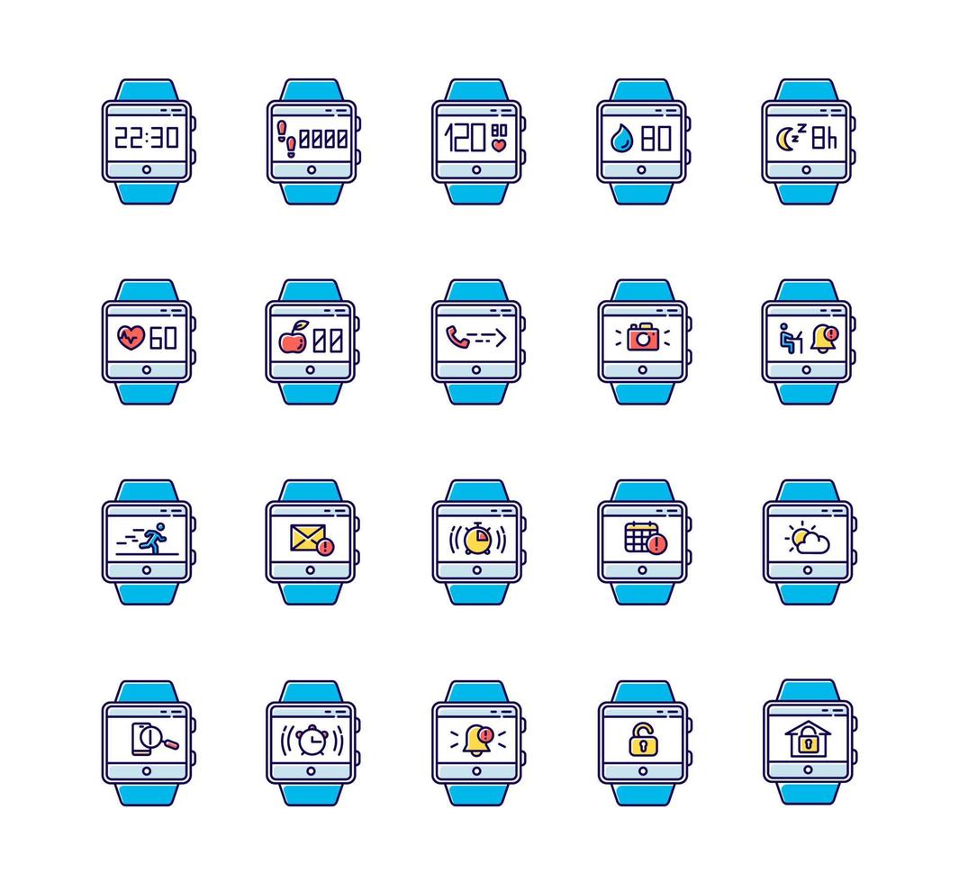 Fitness tracker functions color icons set. Wristband smartwatch capabilities and wellness services. Running health applications, sleep monitoring, tracking heart rate. Isolated vector illustrations