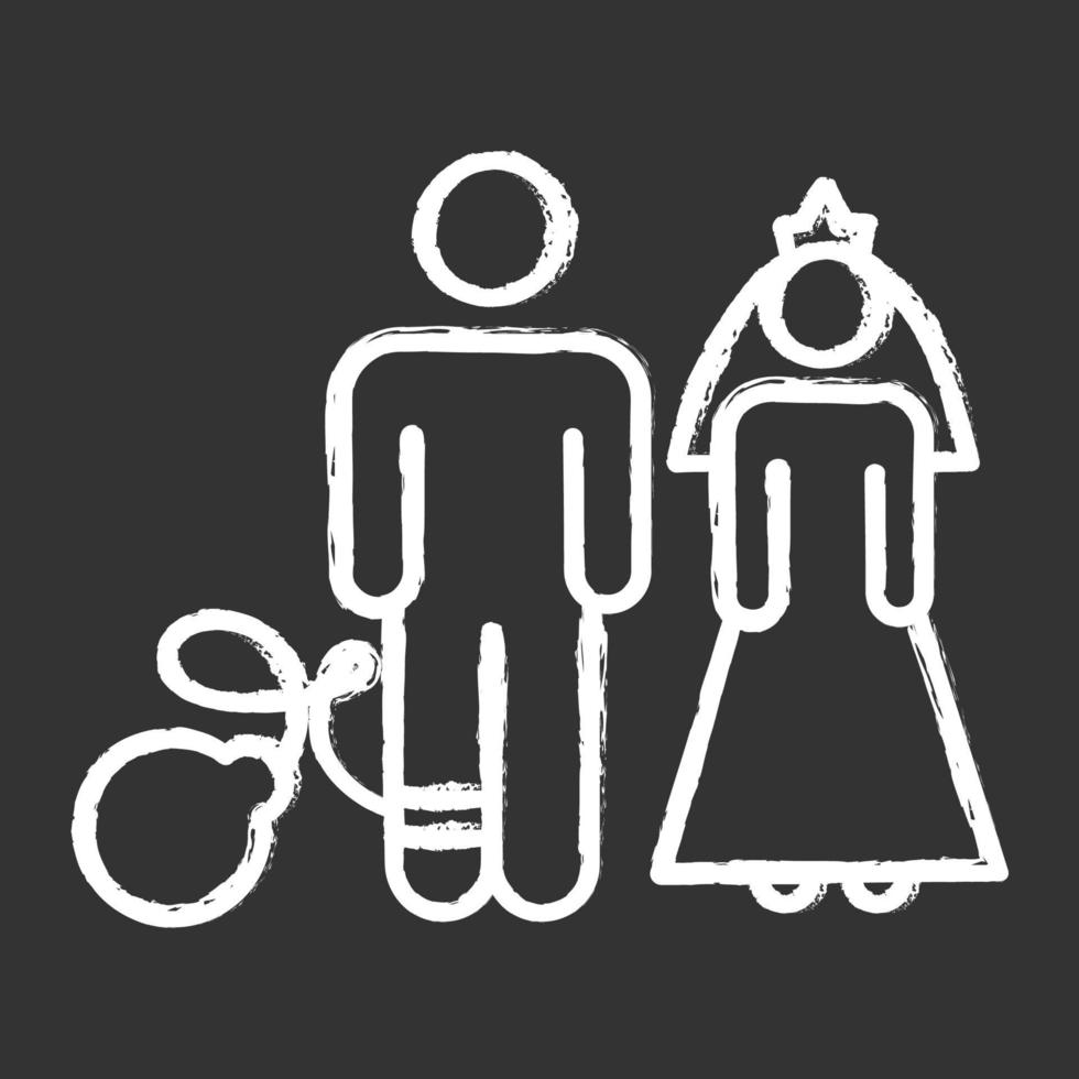 Conjunto de iconos de tiza de matrimonio forzado. mujer y hombre, novio y novia. matrimonio forzoso. matrimonio obligatorio. derechos femeninos, masculinos. relación sin consentimiento. ilustraciones de pizarra vector aislado