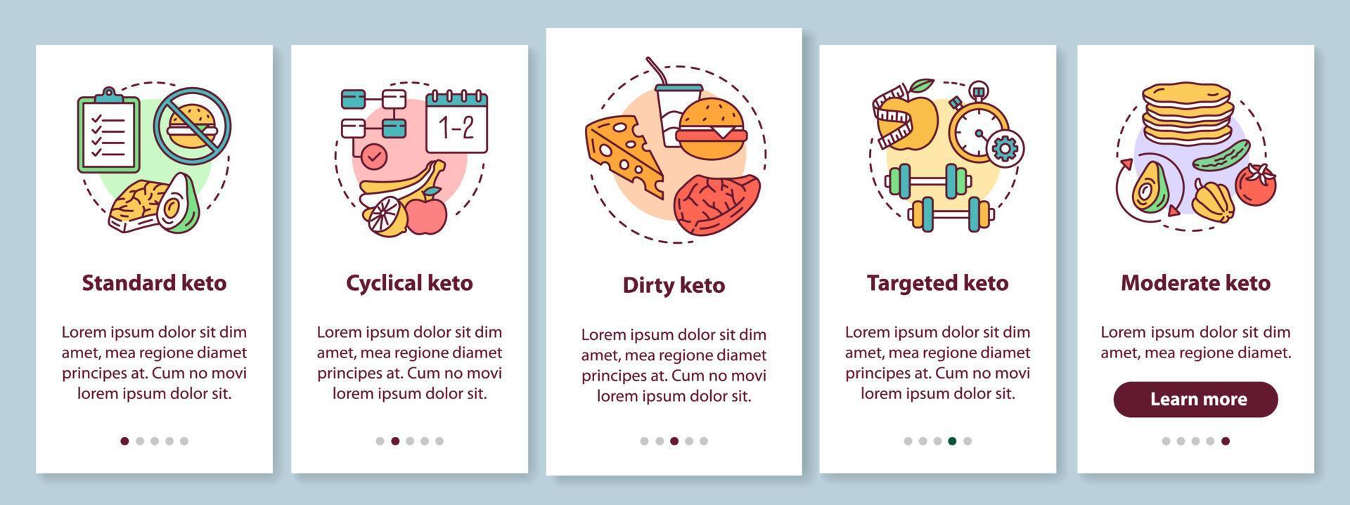 Types of keto diets onboarding mobile app page screen with linear concepts. Ketogenic meal, healthy nutrition. Low carbs food walkthrough steps graphic instructions. UX, UI, GUI vector template