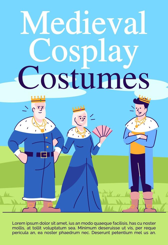 Plantilla de folleto de disfraces de cosplay medieval. Folleto de ropa antigua, folleto, concepto de folleto con ilustraciones planas. diseño de página para revista. invitación publicitaria de mascarada con espacio de texto vector