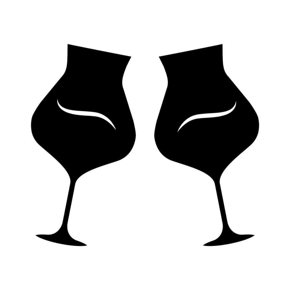 Two clinking wine glasses glyph icon. Glassfuls of alcohol beverage. Wine service. Party. Wedding. Tasting, degustation. Toast. Cheers. Silhouette symbol. Negative space. Vector isolated illustration