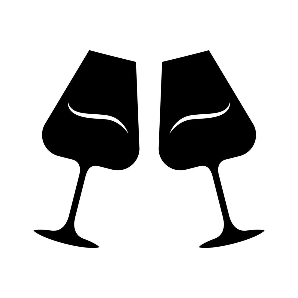 Two clinking wine glasses glyph icon. Glassfuls of alcohol beverage. Wine service. Glassware. Celebration. Wedding. Degustation. Cheers. Silhouette symbol. Negative space. Vector isolated illustration