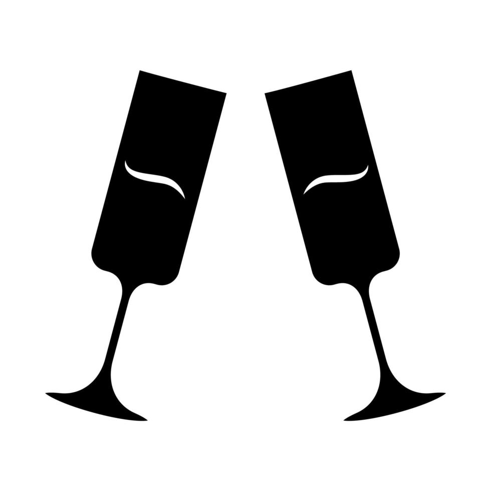 Two clinking champagne glasses glyph icon. Sparkling wine. Glassfuls of alcohol beverage. Wine service. Celebration. Degustation. Silhouette symbol. Negative space. Vector isolated illustration