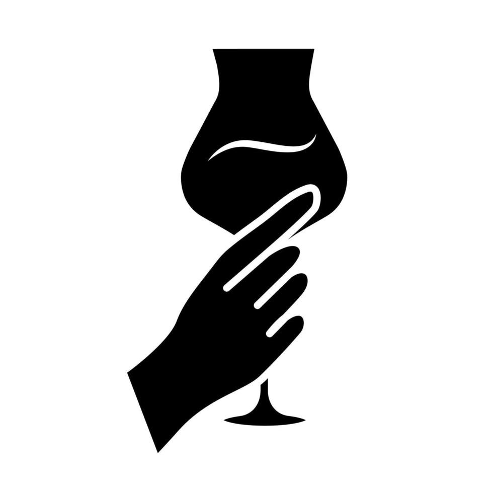 mano que sostiene el icono de glifo de copa de vino. vaso de bebida alcohólica. servicio de vino. cristalería. fiesta de celebracion. boda. degustación. símbolo de silueta. espacio negativo. vector ilustración aislada