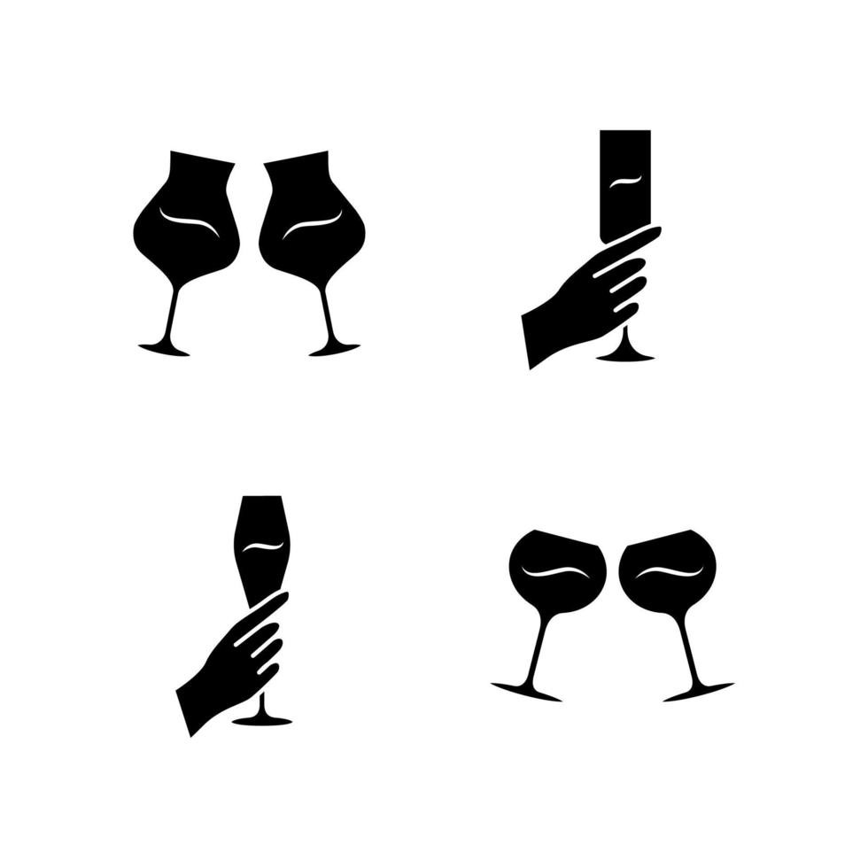 Wine service glyph icons set. Clinking glasses of wine. Hands holding alcohol beverages. Celebration, party. Wedding. Glassware, winery. Cheers. Silhouette symbols. Vector isolated illustration