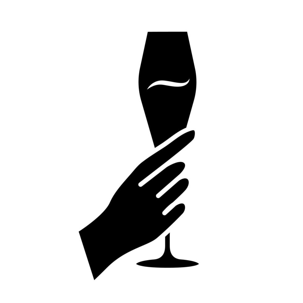 Hand holding tulip wine glass glyph icon. Champagne flute. Glassful of alcohol drink. Wine service. Celebration. Cheers. Degustation. Silhouette symbol. Negative space. Vector isolated illustration