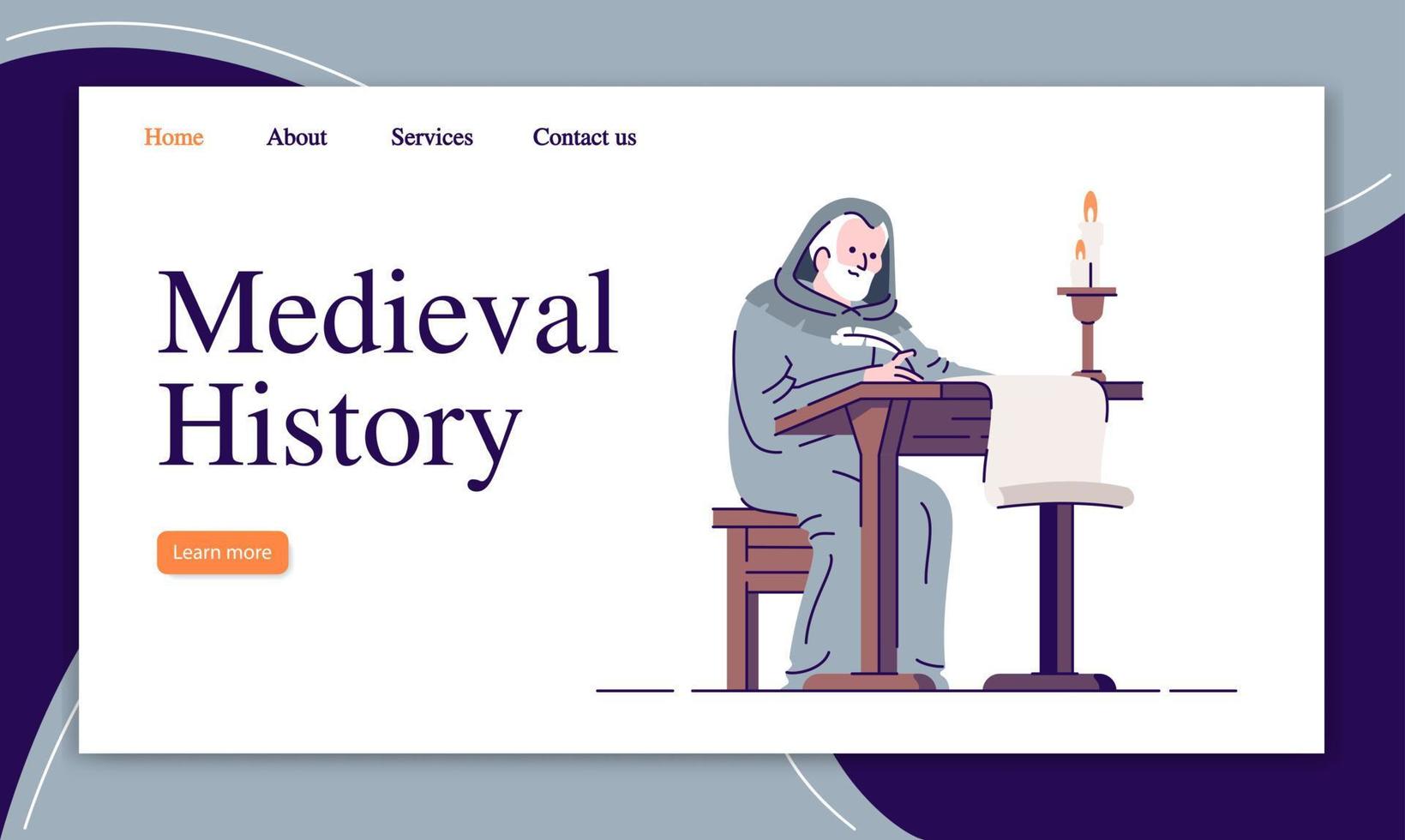 plantilla de vector de página de destino de historia medieval. Idea de interfaz de sitio web de escritura de crónica de la Edad Media con ilustraciones planas. diseño de página de inicio de registro histórico. banner web, concepto de dibujos animados de página web