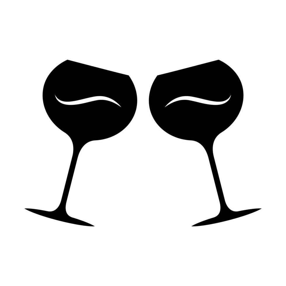 Two clinking wine glasses glyph icon. Glassfuls of alcohol beverage. Wine service. Celebration. Wedding. Tasting, degustation. Cheers. Silhouette symbol. Negative space. Vector isolated illustration