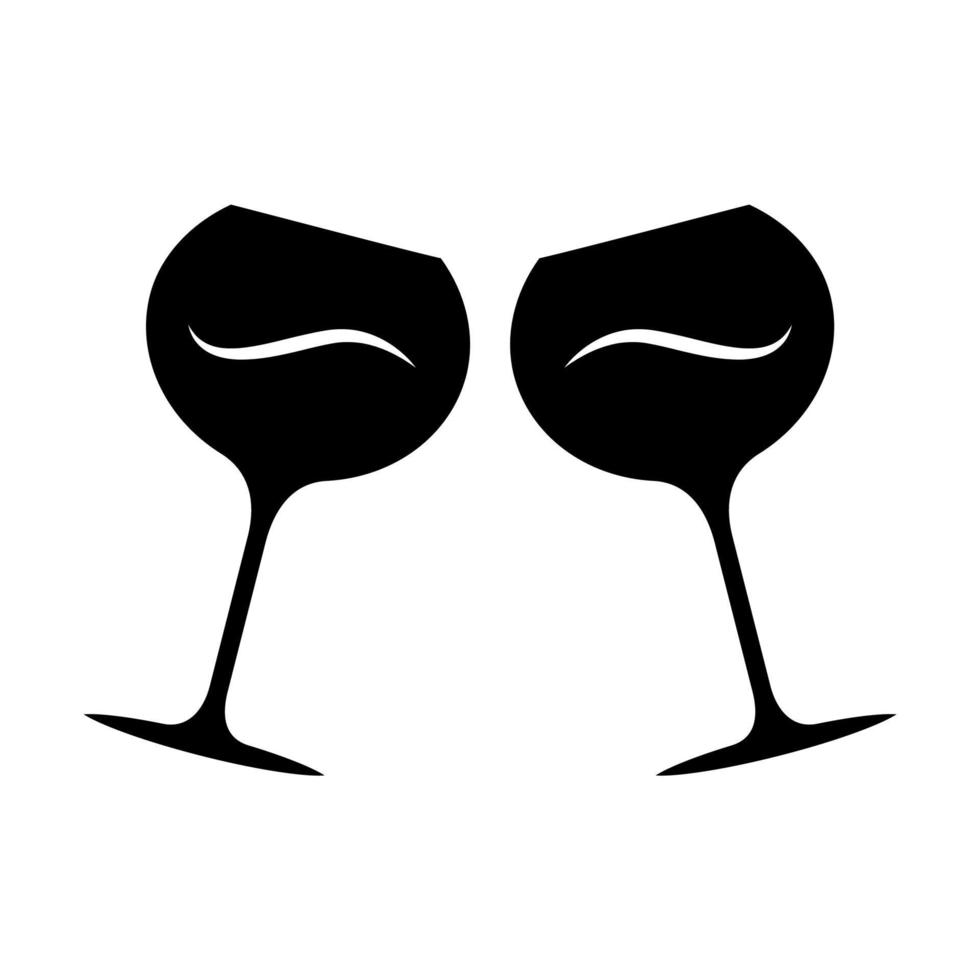 Two clinking wine glasses glyph icon. Glassfuls of alcohol beverage. Wine service. Celebration. Wedding. Tasting, degustation. Cheers. Silhouette symbol. Negative space. Vector isolated illustration