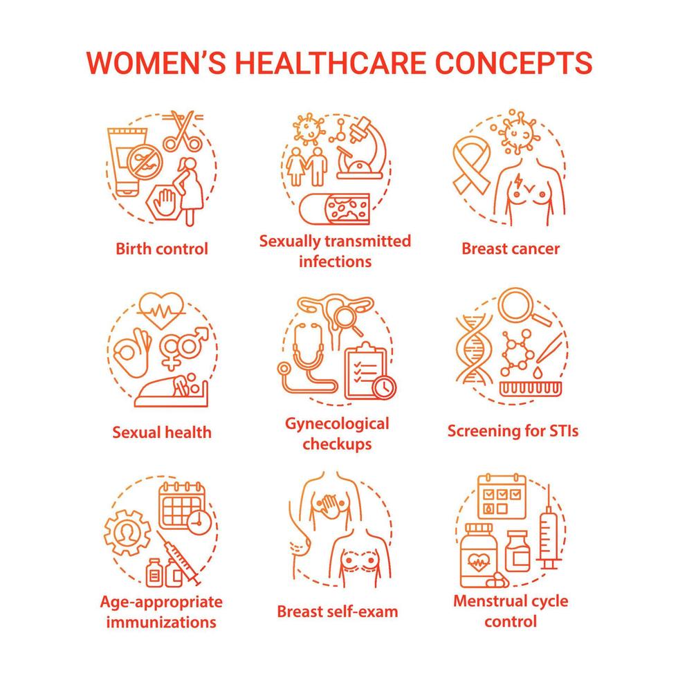 Women healthcare red concepts icons set. Female medical treatment idea thin line illustrations. Checkups, screening, self exam. Menstruation, birth, STIs. Vector isolated outline drawings