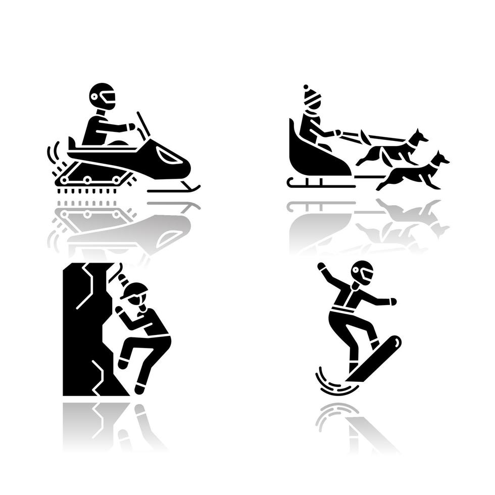 Extreme winter activity drop shadow black glyph icons set. Risky sport, adventure. Cold season outdoor leisure. Snowboarding, ice climbing, snowmobiling and dog sledding. Isolated vector illustrations