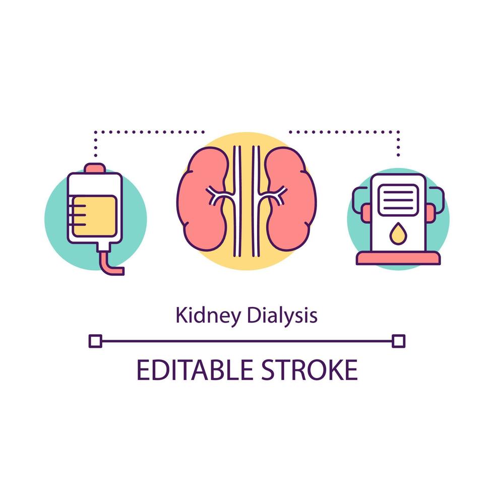 Kidney dialysis concept icon. Haemodialysis. Medical treatment. Artificial kidney machine. Filtering blood. Bioengineering idea thin line illustration. Vector isolated outline drawing. Editable stroke