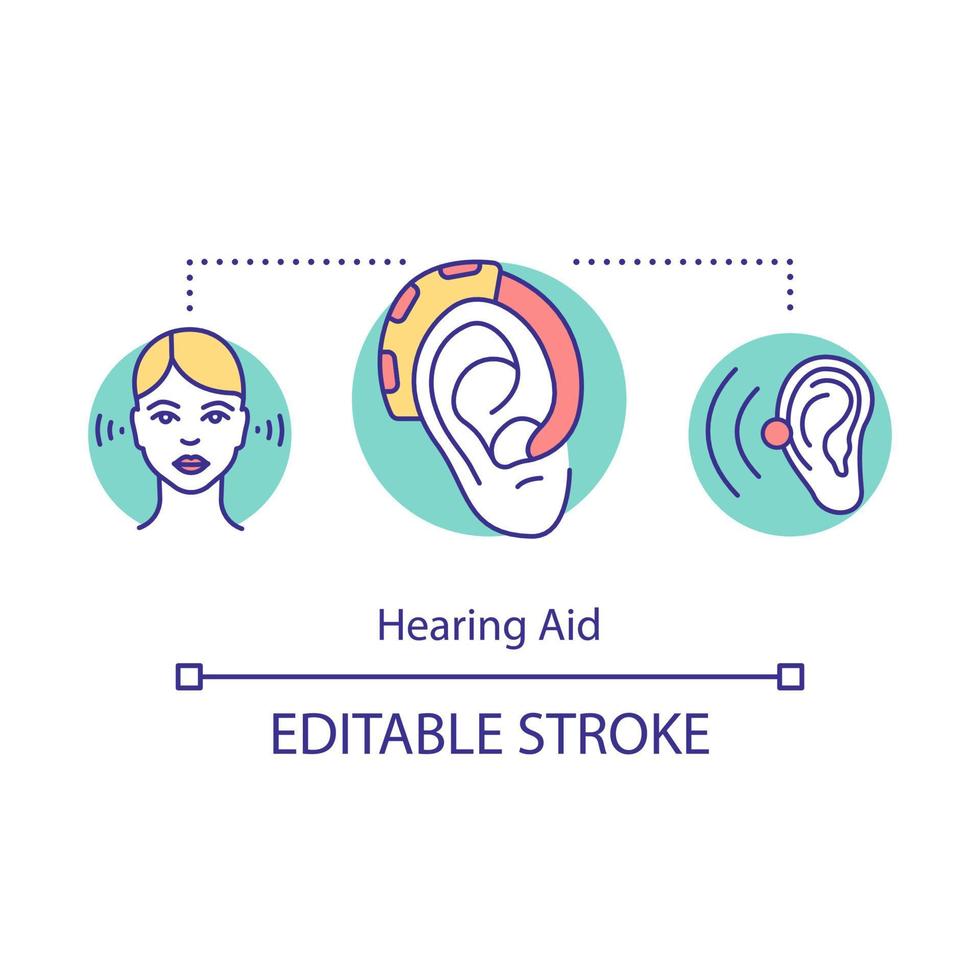 Hearing aid concept icon. Auditory prosthesis. Listening devices. Medical care. Heathcare. Biotechnology idea thin line illustration. Vector isolated outline drawing. Editable stroke