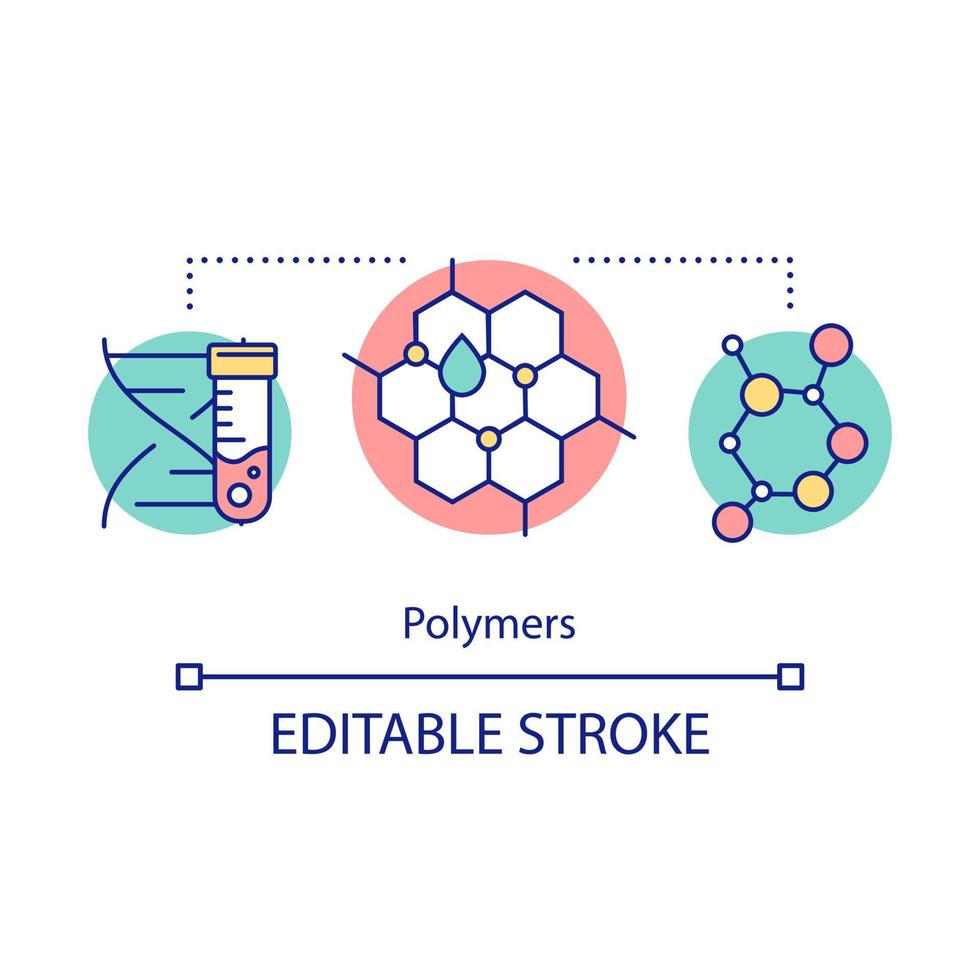 icono del concepto de polímeros. materiales biomiméticos. biopolímeros. biomoléculas poliméricas. estructura molecular. Ilustración de línea fina de idea de bioingeniería. dibujo de contorno aislado vectorial. trazo editable vector