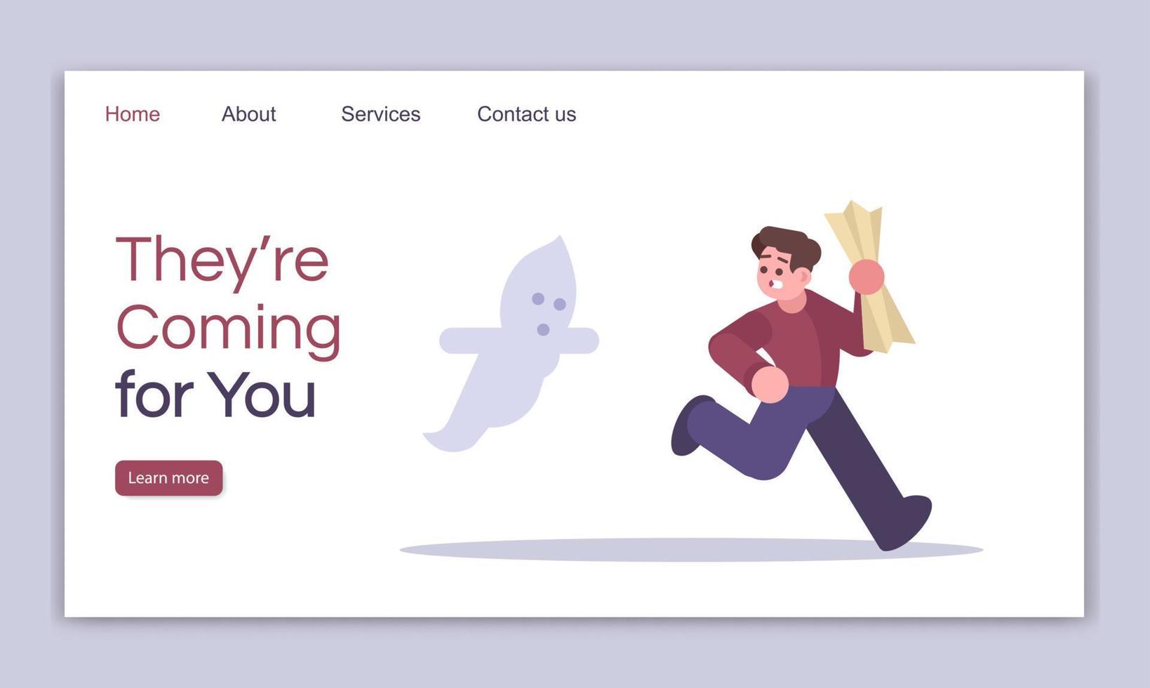 They coming for you landing page vector template. Thematic logic game website interface idea with flat illustrations. Horror quest room homepage layout. Mystery web banner, webpage cartoon concept