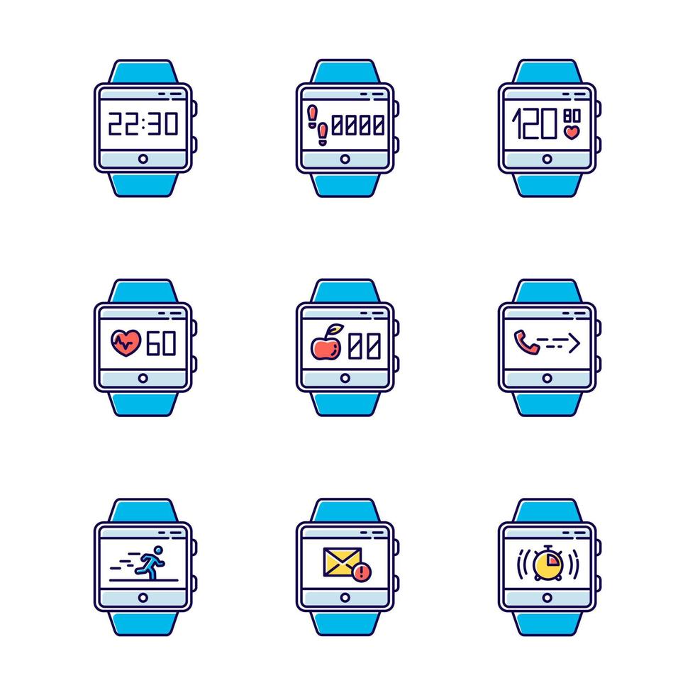 Fitness tracker functions color icons set. Wristband smartwatch capabilities and wellness services. Running health applications, tracking steps, heart rate. Isolated vector illustrations
