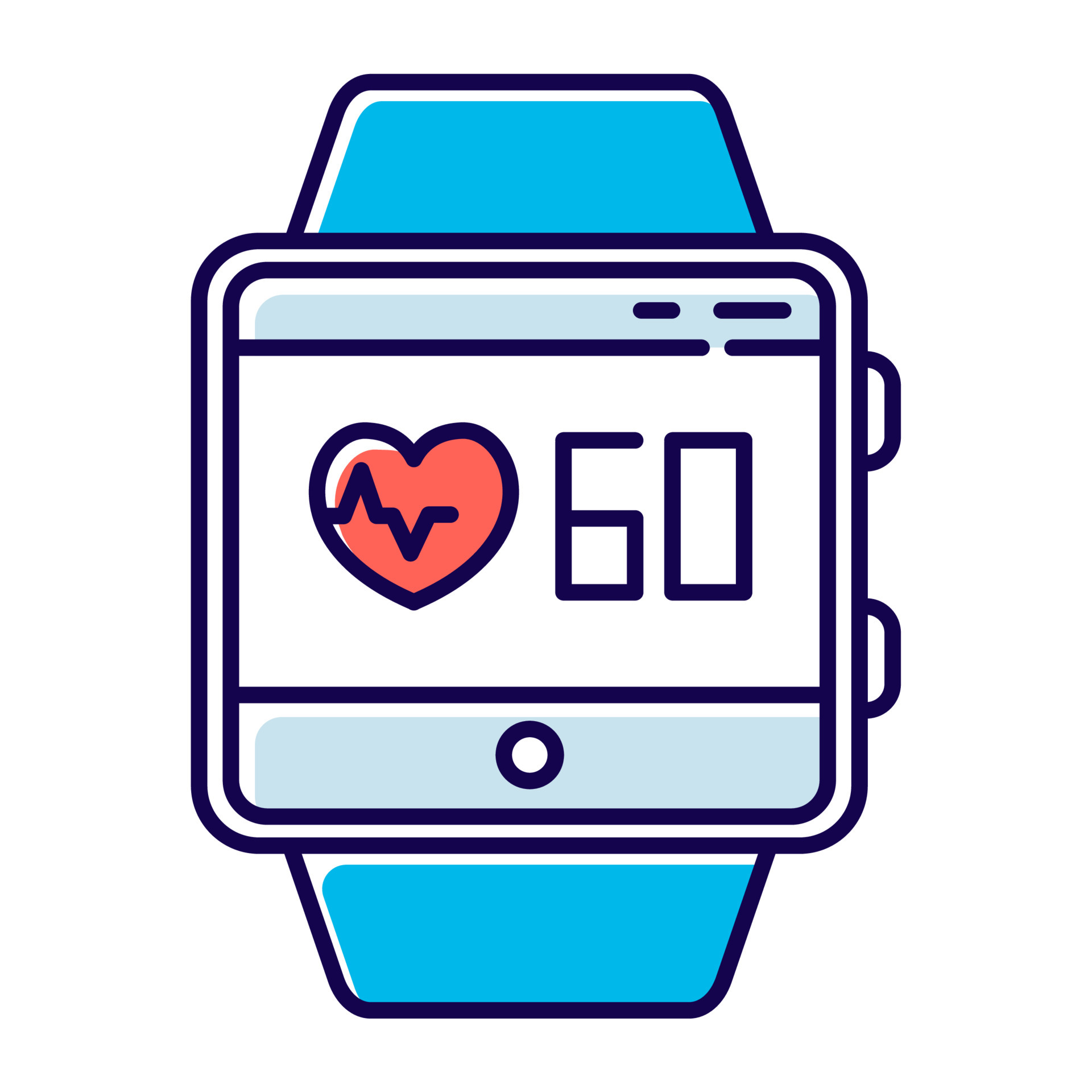 Glowing neon Smart watch showing heart beat rate icon isolated on blue  background. Fitness App concept. Vector Stock Vector