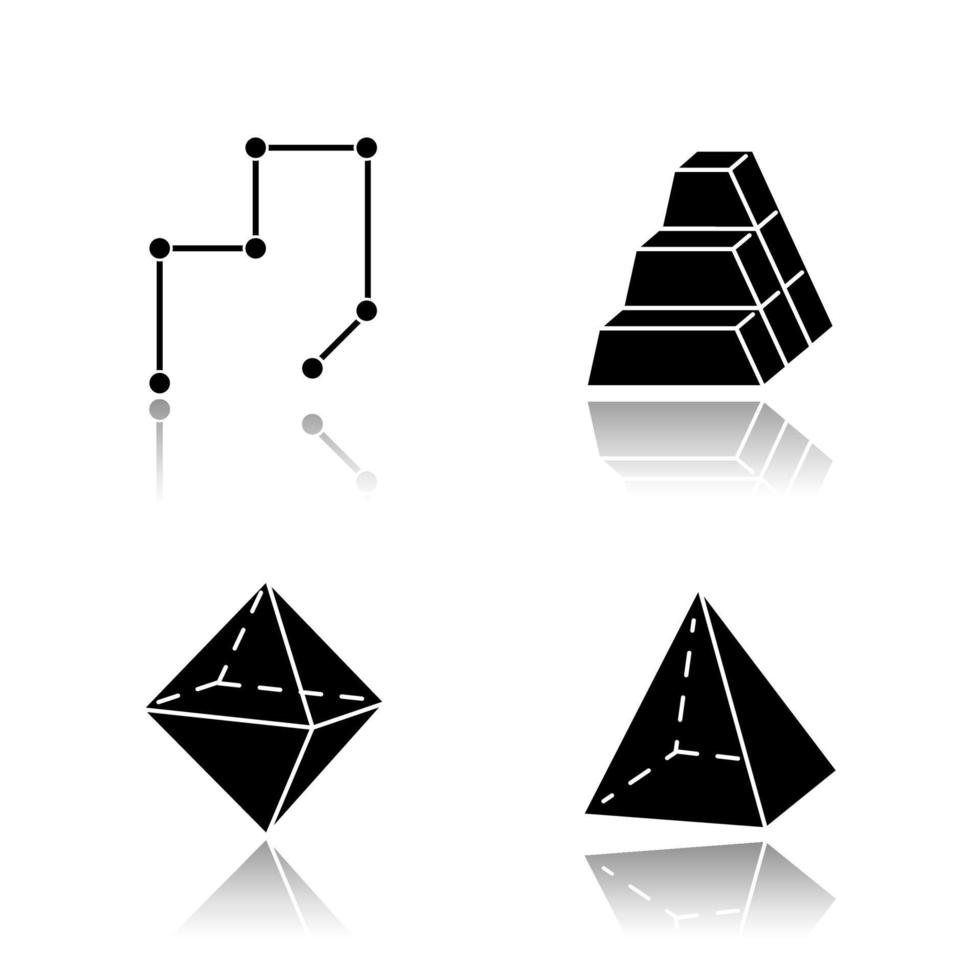 Geometric figures drop shadow black glyph icons set. Connected lines. Stock of dimensional blocks. Pile of bricks. Double pyramid. Abstract shapes. Isometric forms. Isolated vector illustrations