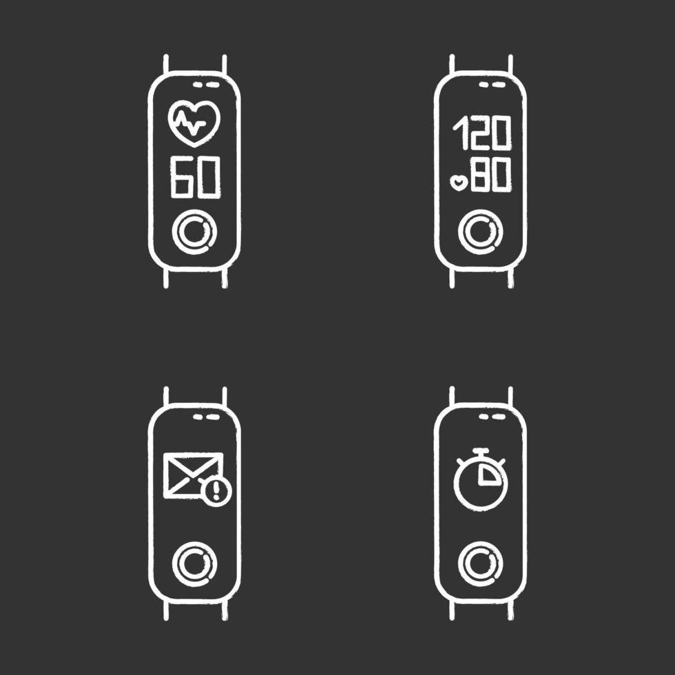 Conjunto de iconos de tiza de seguimiento de la salud del rastreador de fitness. gadget de bienestar con indicadores de presión arterial y frecuencia cardíaca. notificación por correo y pictogramas de cronómetro. ilustraciones de pizarra vector aislado