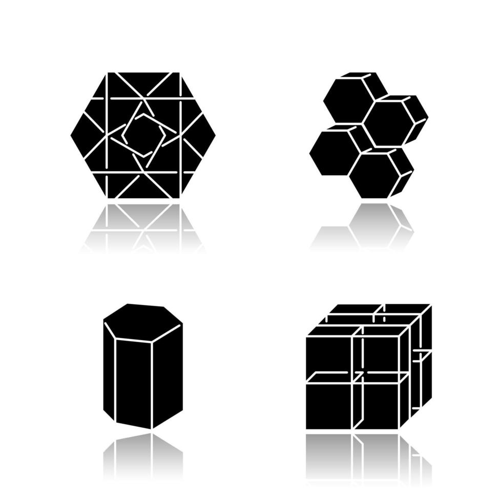 Geometric figures drop shadow black glyph icons set. Flat hexagon with curves. Dimensional combs. Prism solid model. Cube with grid. Abstract shapes. Isometric forms. Isolated vector illustrations