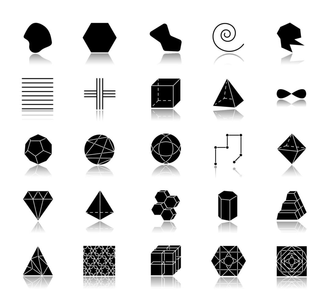 Geometric figures drop shadow black glyph icons set. Squares, circles and triangles. Double pyramid. Prism models. Complex abstract shapes. Isometric forms with curves. Isolated vector illustrations