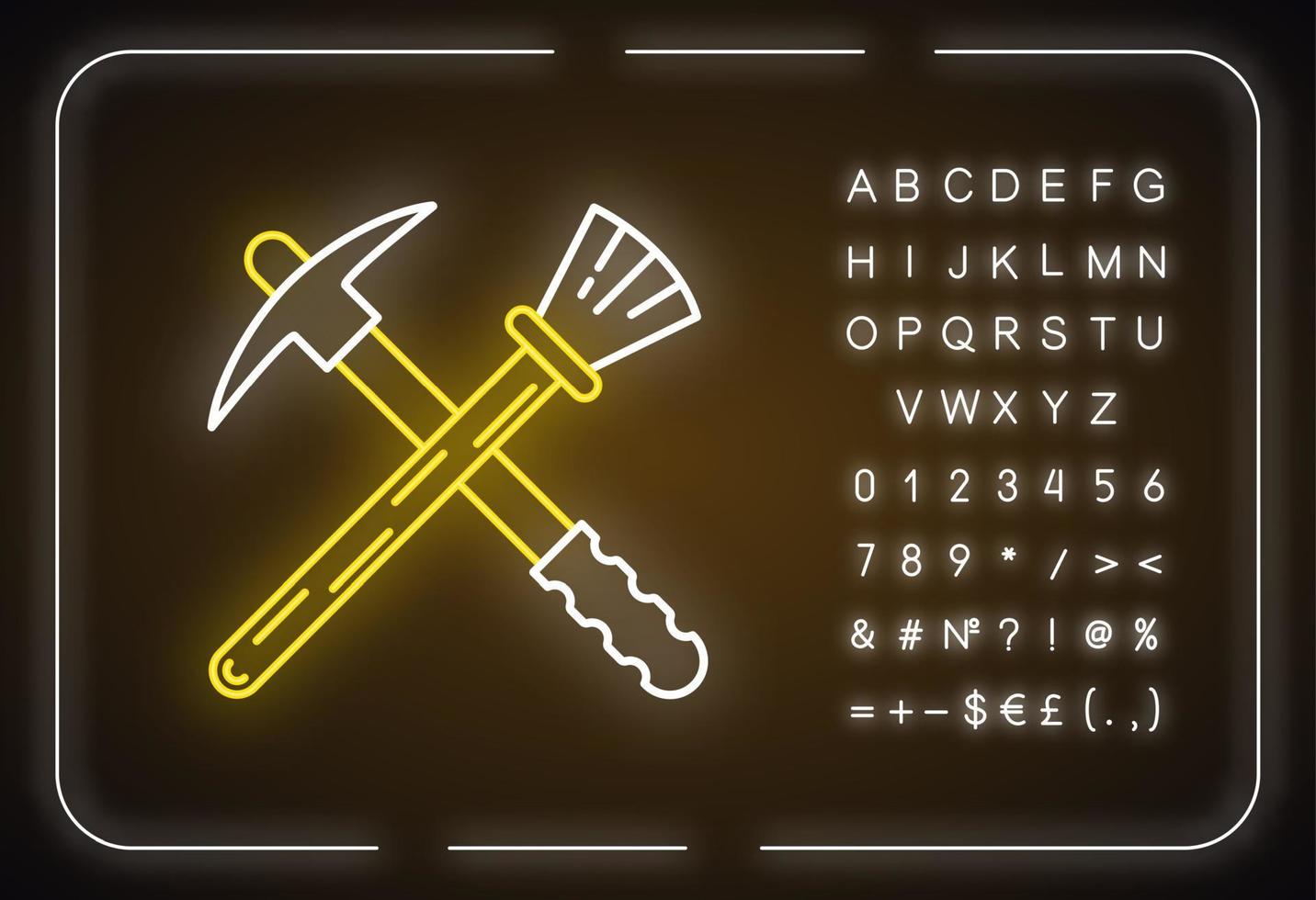 Archeologist tools neon light icon. Restoration. Renovation equipment. Reconstruction of ancient artifact. Paleontology. Glowing sign with alphabet, numbers and symbols. Vector isolated illustration