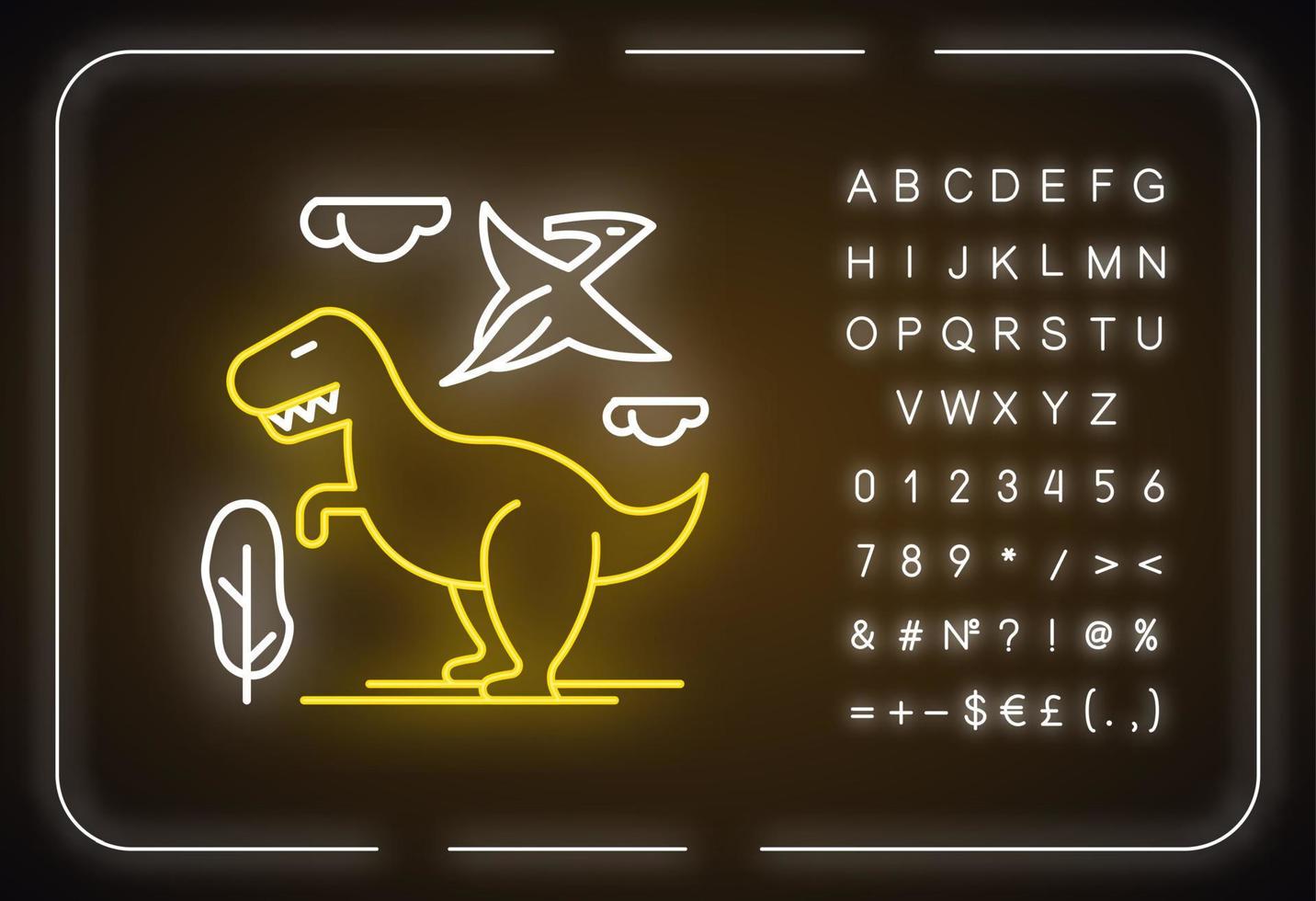 icono de luz de neón de dinosaurios. animales prehistóricos. tirano-saurio Rex. pterodáctilo volador. Parque jurásico. depredadores primitivos. signo brillante con alfabeto, números y símbolos. vector ilustración aislada