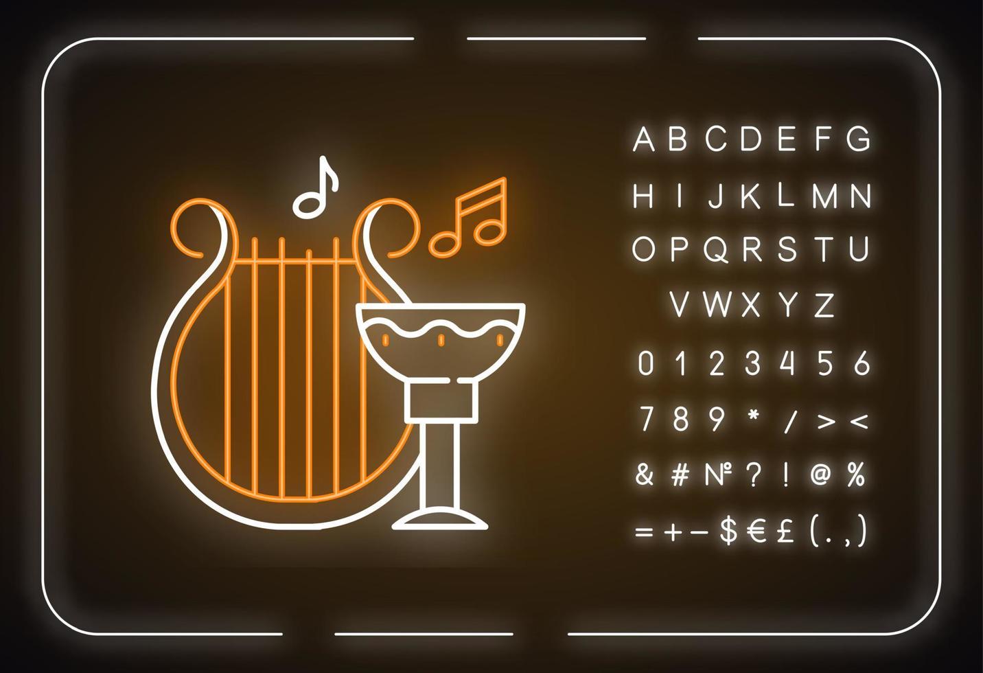 Ancient culture and life neon light icon. Harp melody. Goblet for wine. Greek old artifacts. Archeological discoveries. Glowing sign with alphabet, numbers and symbols. Vector isolated illustration